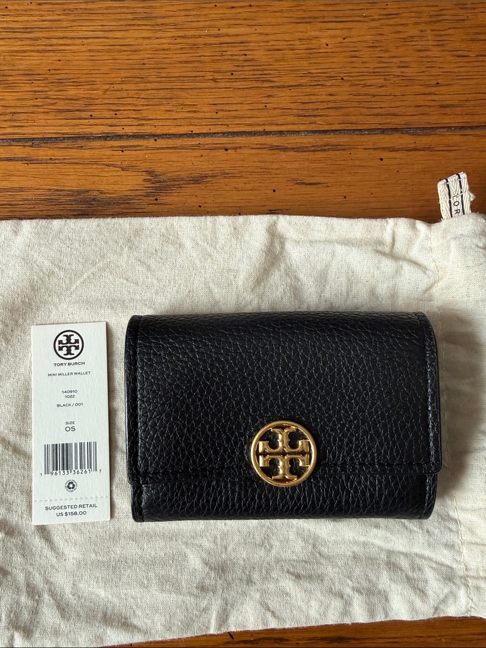 Tory Burch Black Pebbled Leather Mini Wallet with Gold Logo Medallion
